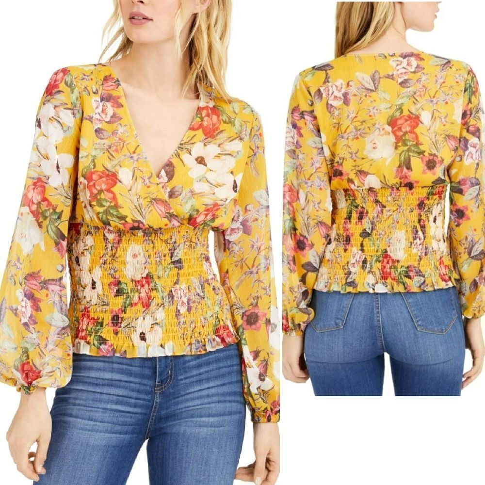 INC International Concepts Yellow Floral Metallic Smocked Blouse Plussize‎ 0X